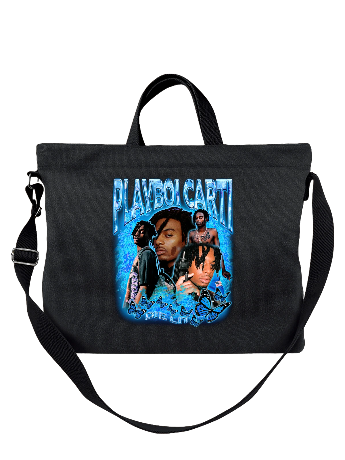 Сумка чёрная с принтом Playboi Carti с синими бабочками и микрофоном — коллаж портретов — Чёрная, фото 1