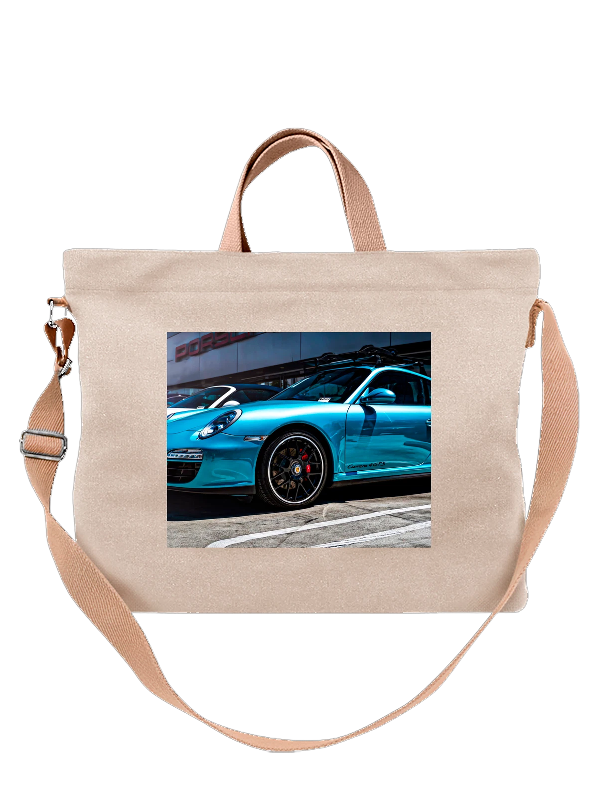Сумка бежевая с принтом Машина коллекция Porsche — легендарная модель — Бежевая, фото 1