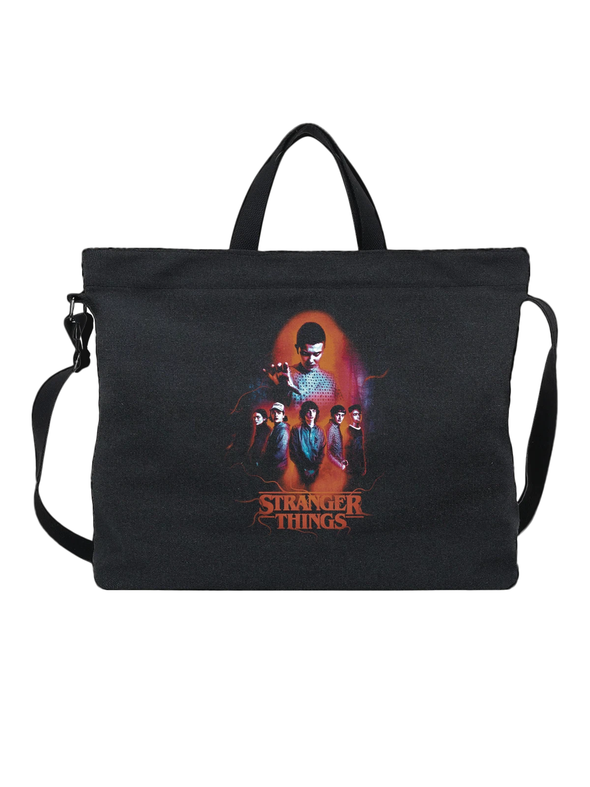 Сумка Stranger Things с Одиннадцатью и главным составом чёрная с принтом — неоновое свечение — Чёрная, фото 1