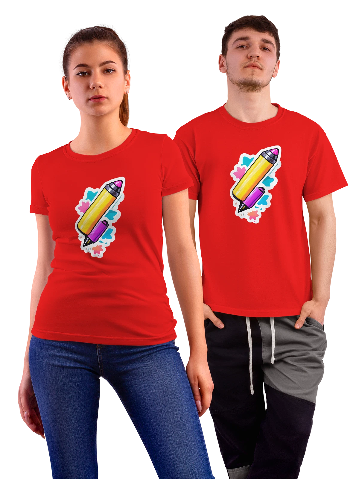 Футболка Карандаш и маркер с цветными кляксами красная с принтом — творчество — Красная, фото 1