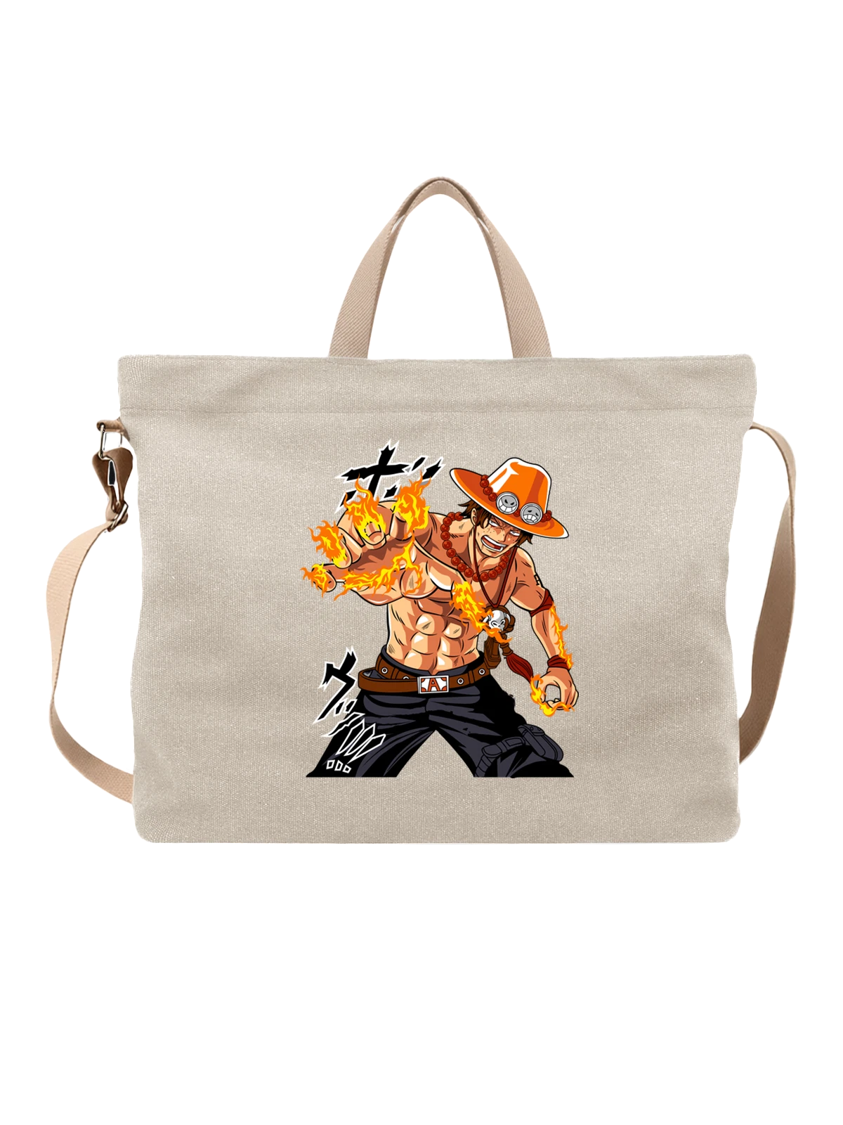 Сумка бежевая с принтом Эйс One Piece в огне и шляпе — ожерелье из бусин — Бежевая, фото 1