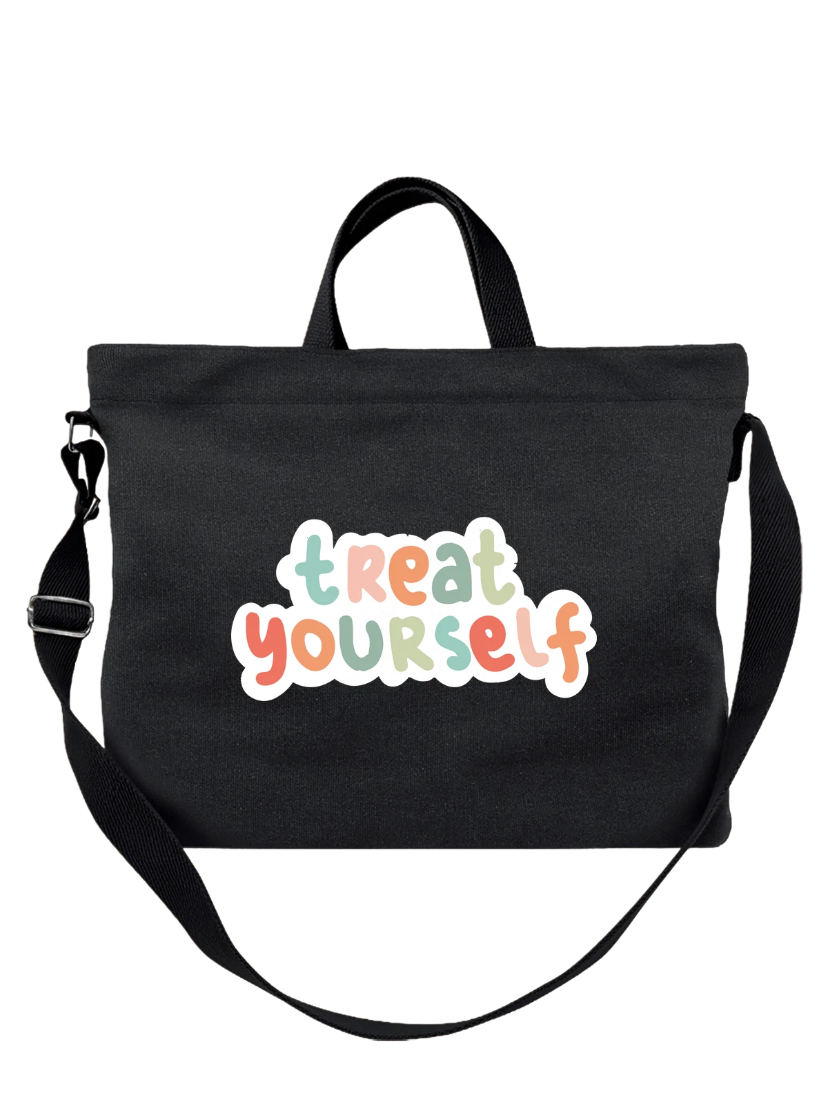 Сумка чёрная с принтом с надписью treat yourself цветные буквы — текстовый принт — Чёрная, фото 1