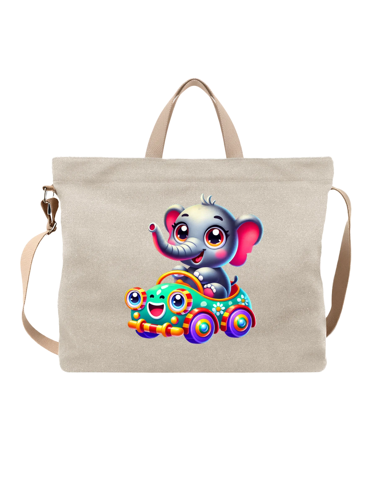 Сумка бежевая с принтом Baby elephant в игрушечной машинке — животное — Бежевая, фото 1