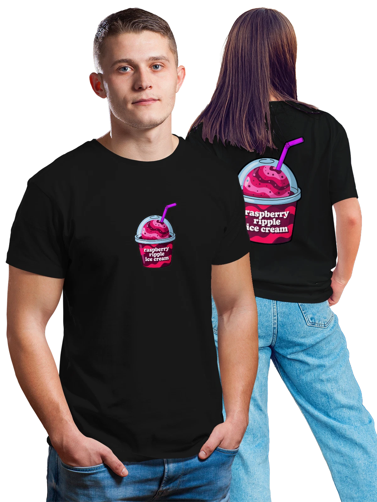 Футболка Малиновое мороженое raspberry ripple в стаканчике чёрная с принтом на спине — мороженое с малиной — Чёрная, фото 1