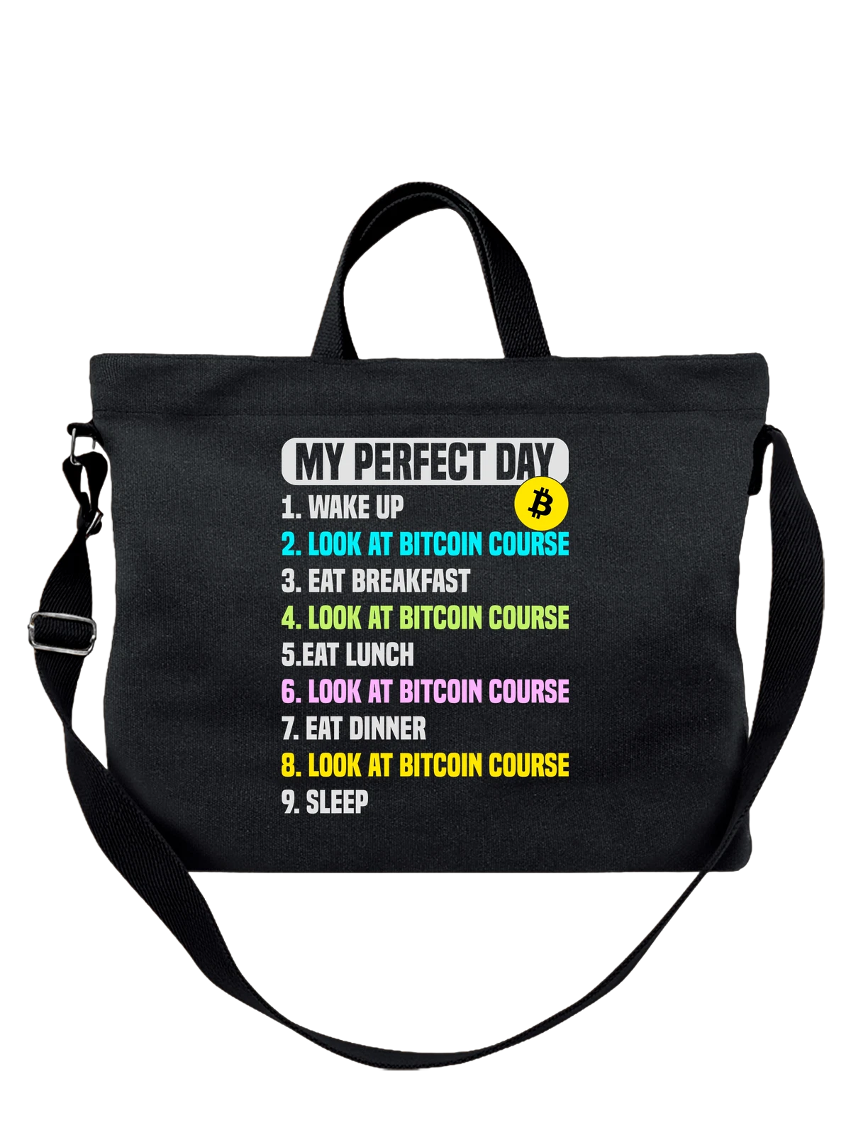Сумка Биткоин my perfect day чёрная с принтом — подарок криптоэнтузиасту — Чёрная, фото 1