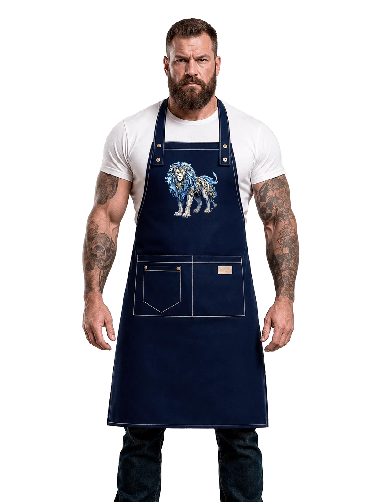 Фартук синий с принтом Механический белый лев с голубой гривой — хищник — Синяя, фото 1