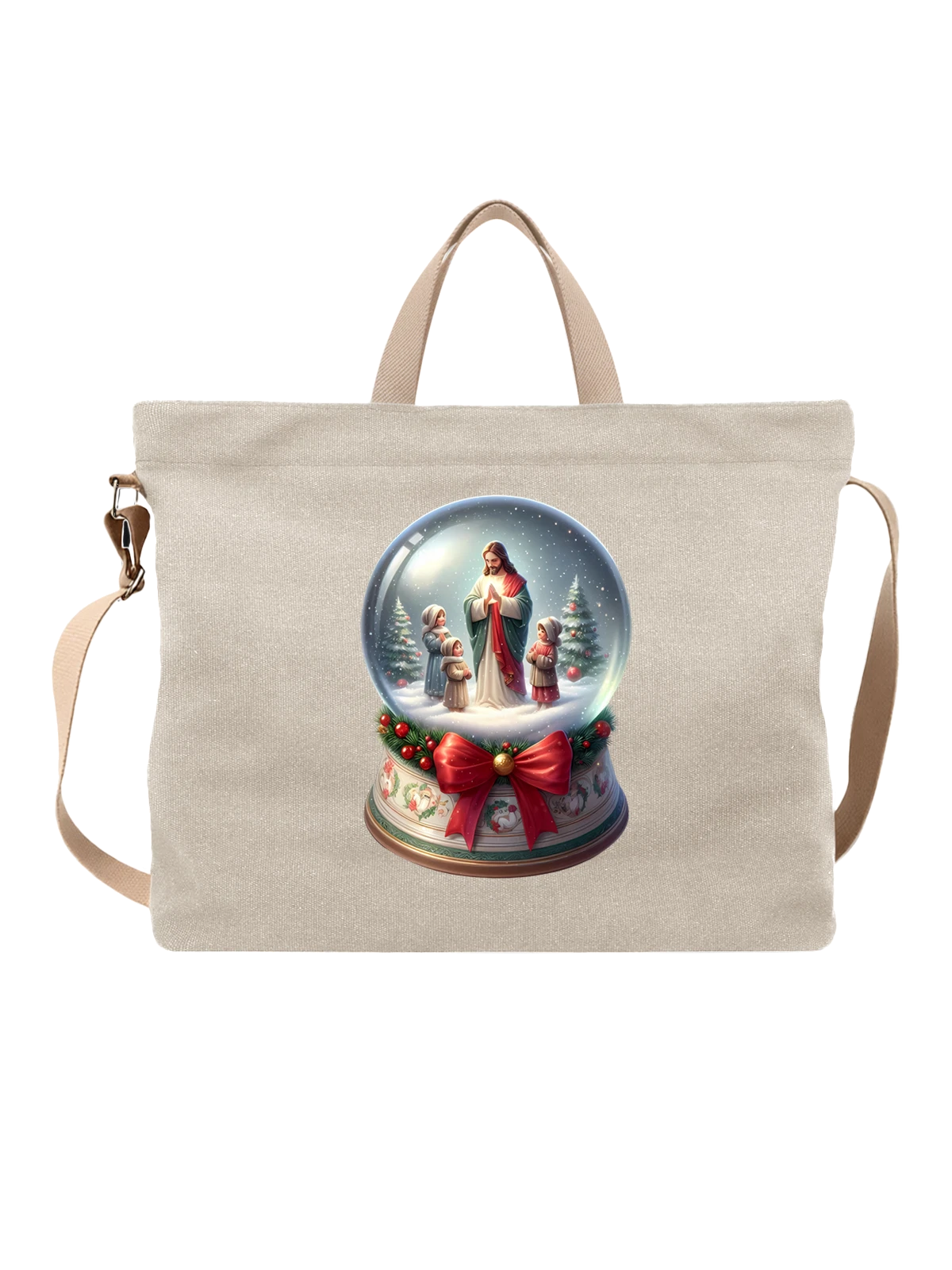 Сумка Holy Family nativity scene в снегу белая с принтом — еловые деревья — Белая, фото 1