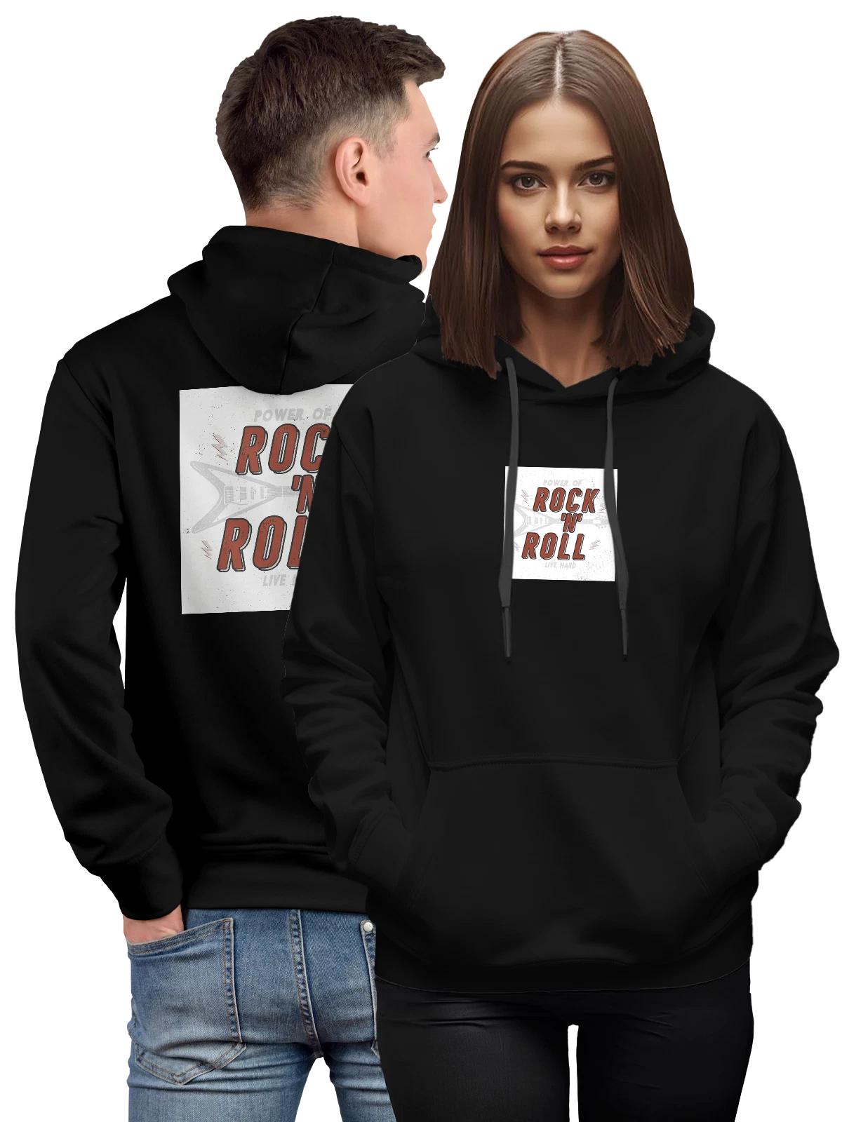 Худи Rock N Roll с гитарой и надписью Power чёрное с принтом — рок надпись — Чёрная, фото 1