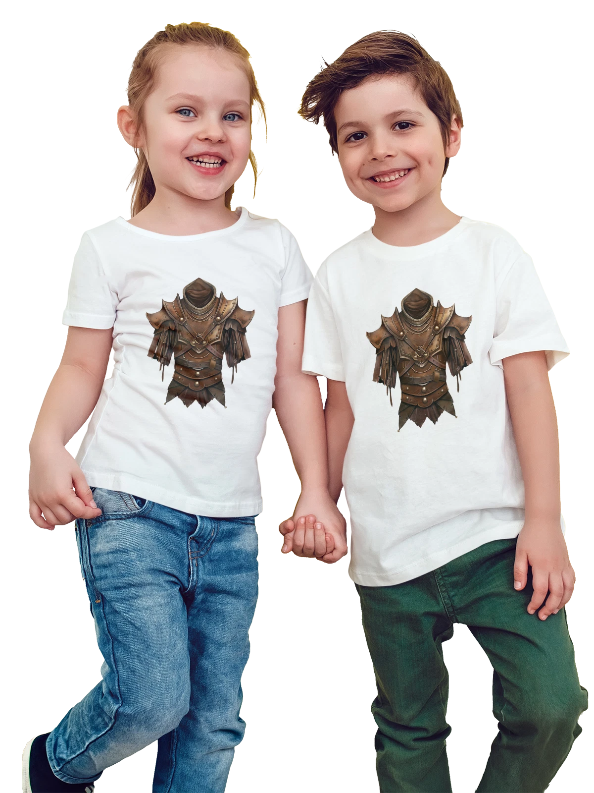 Футболка детская Medieval plate armor, рыцарский доспех белая с принтом — leather straps — Белая, фото 1
