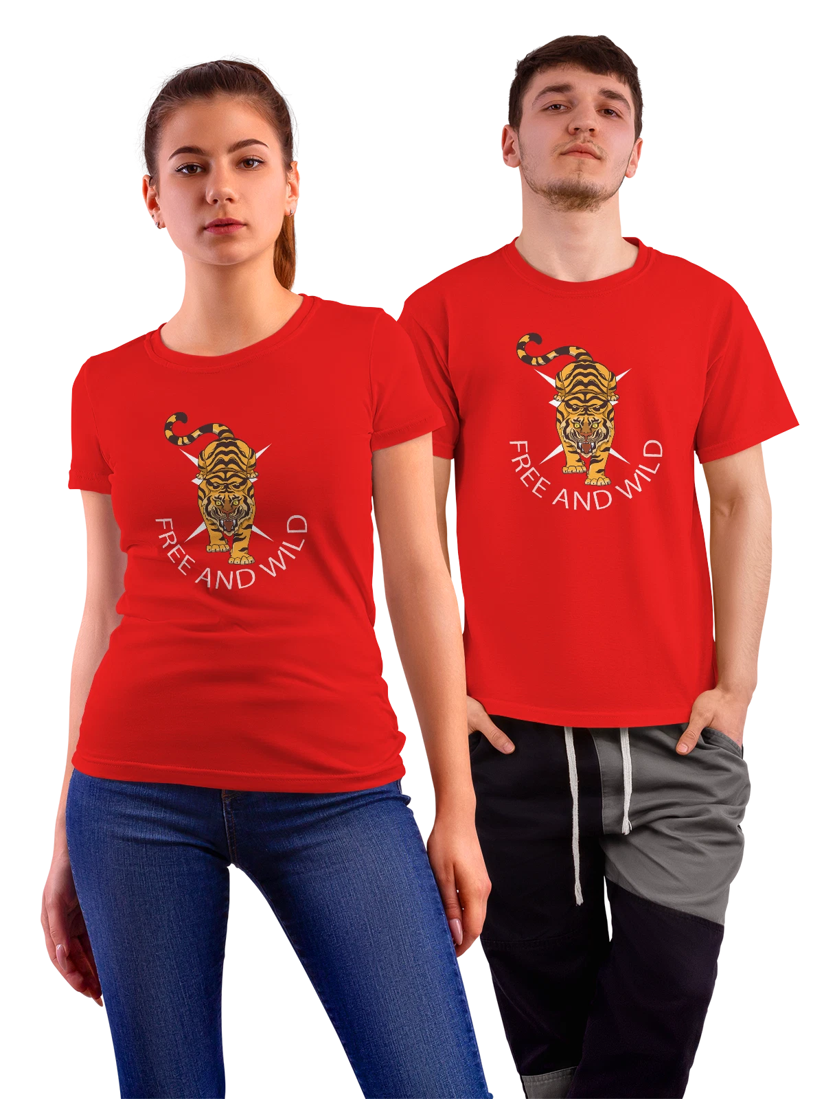 Футболка Тигр надпись free and wild красная с принтом — животный мир — Красная, фото 1