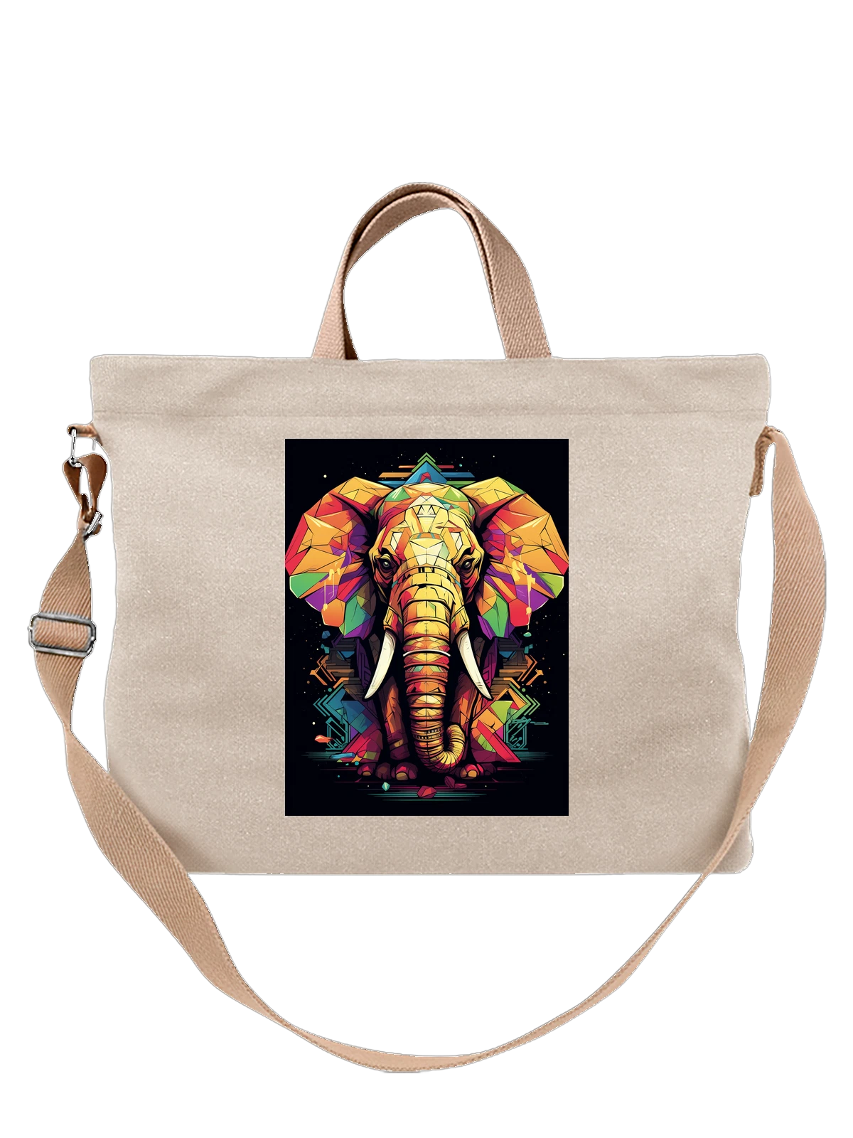 Сумка бежевая с принтом Цветной геометрический слон с бивнями — полигональный арт — Бежевая, фото 1