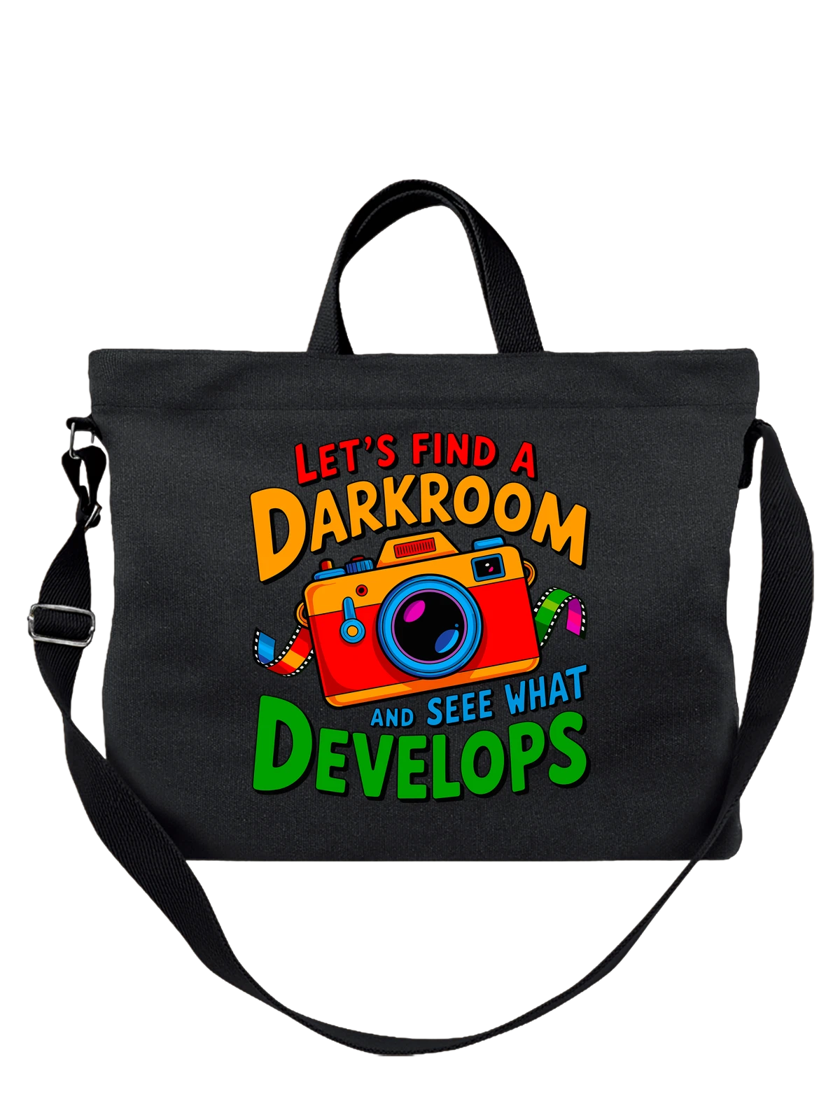 Сумка чёрная с принтом с ретро камерой и надписью Lets Find — darkroom — Чёрная, фото 1