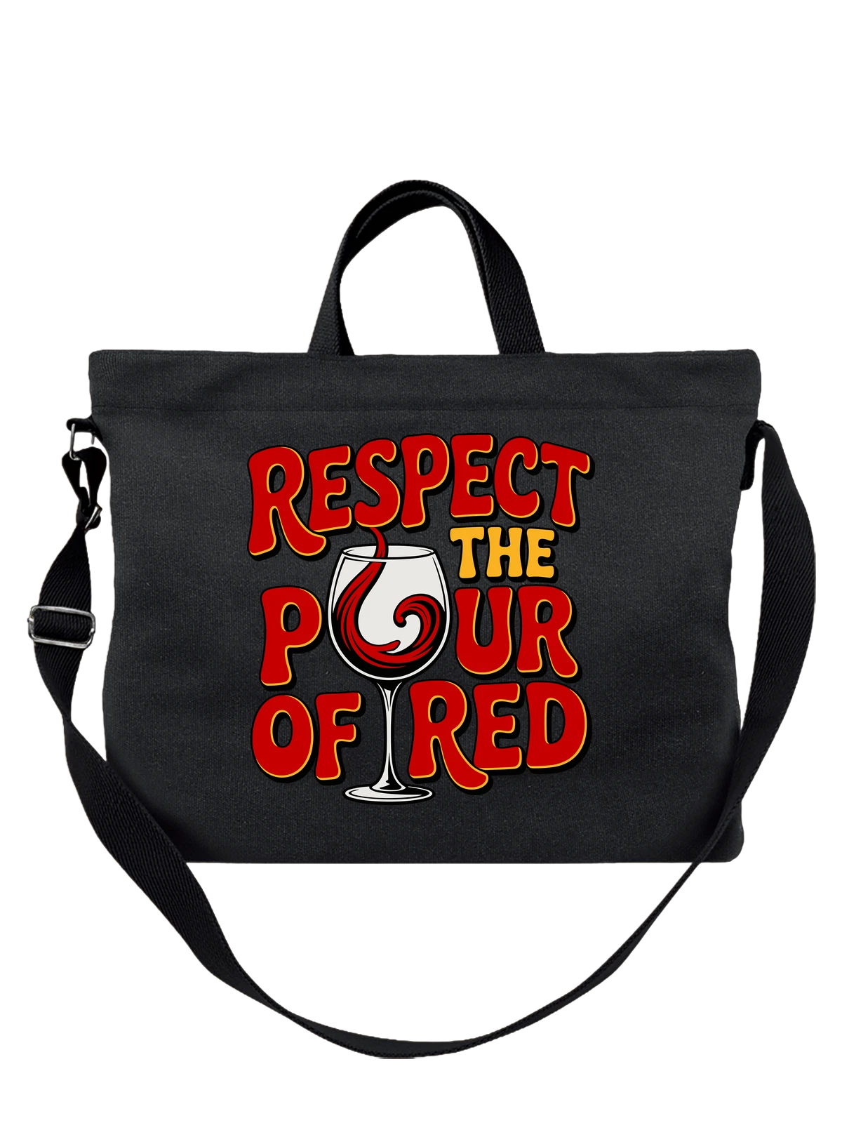 Сумка чёрная с принтом Бокал вина с надписью Respect The Pour — винтажный постер — Чёрная, фото 1