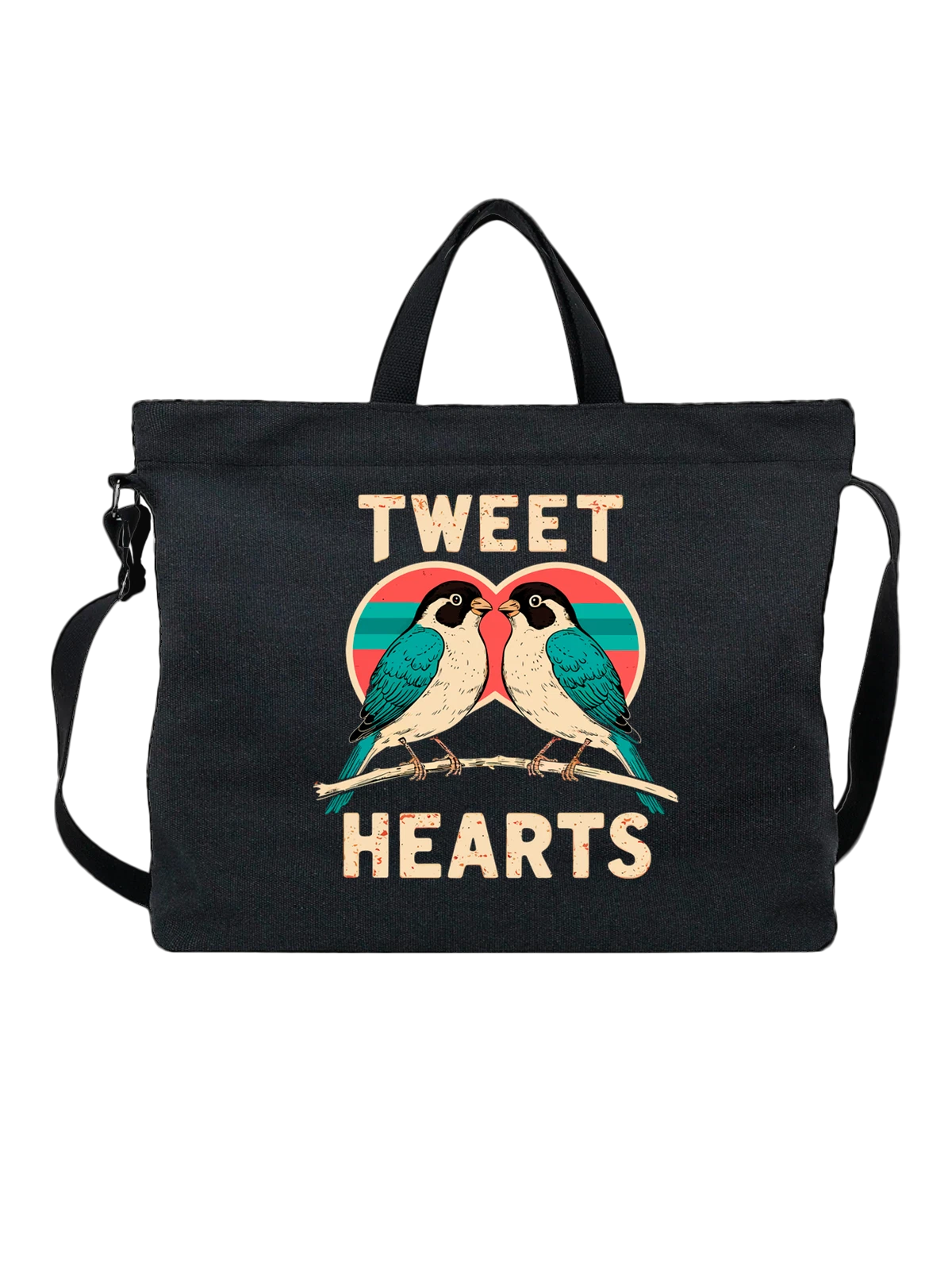 Сумка с птицами tweet hearts чёрная с принтом — подарок любимой — Чёрная, фото 1