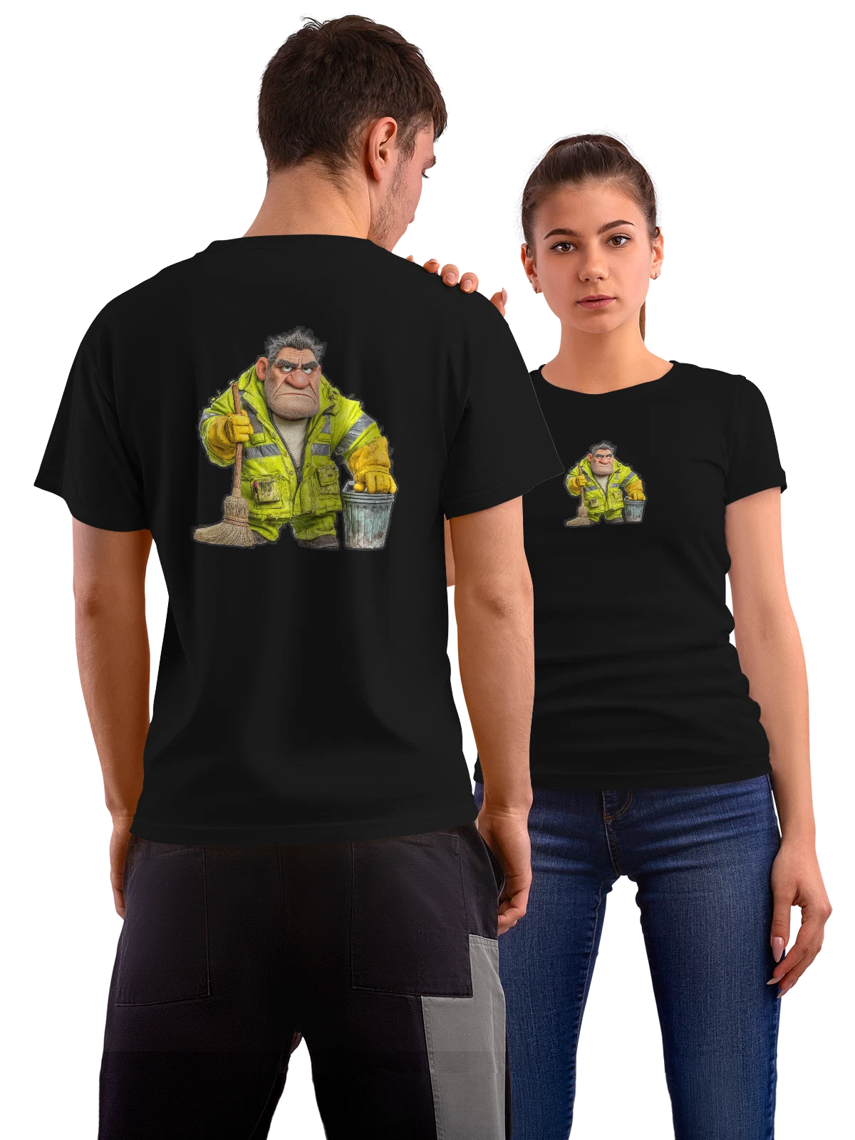 Футболка Уборщик в жёлтой спецодежде с метлой чёрная с принтом на спине — ведро — Чёрная, фото 1