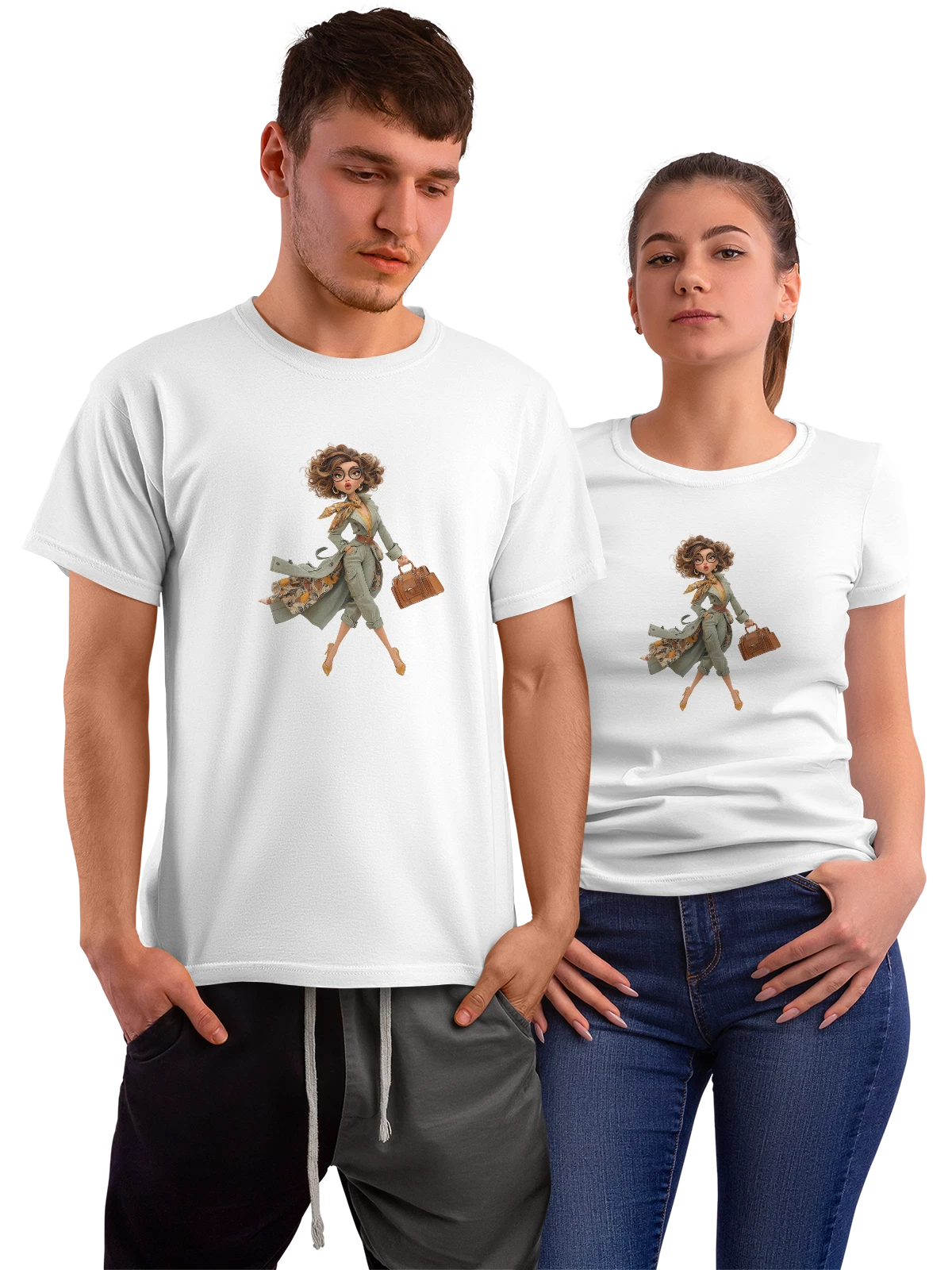 Футболка Модная девушка с очками и сумкой белая с принтом — повседневный шик — Белая, фото 1