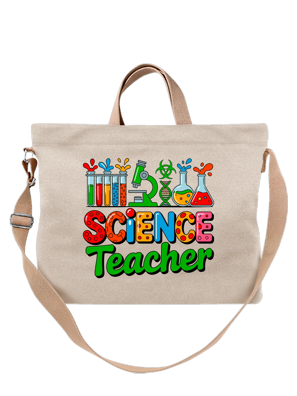 Сумка бежевая с принтом с надписью Science Teacher и колбами — STEM teacher — Бежевая, фото 1