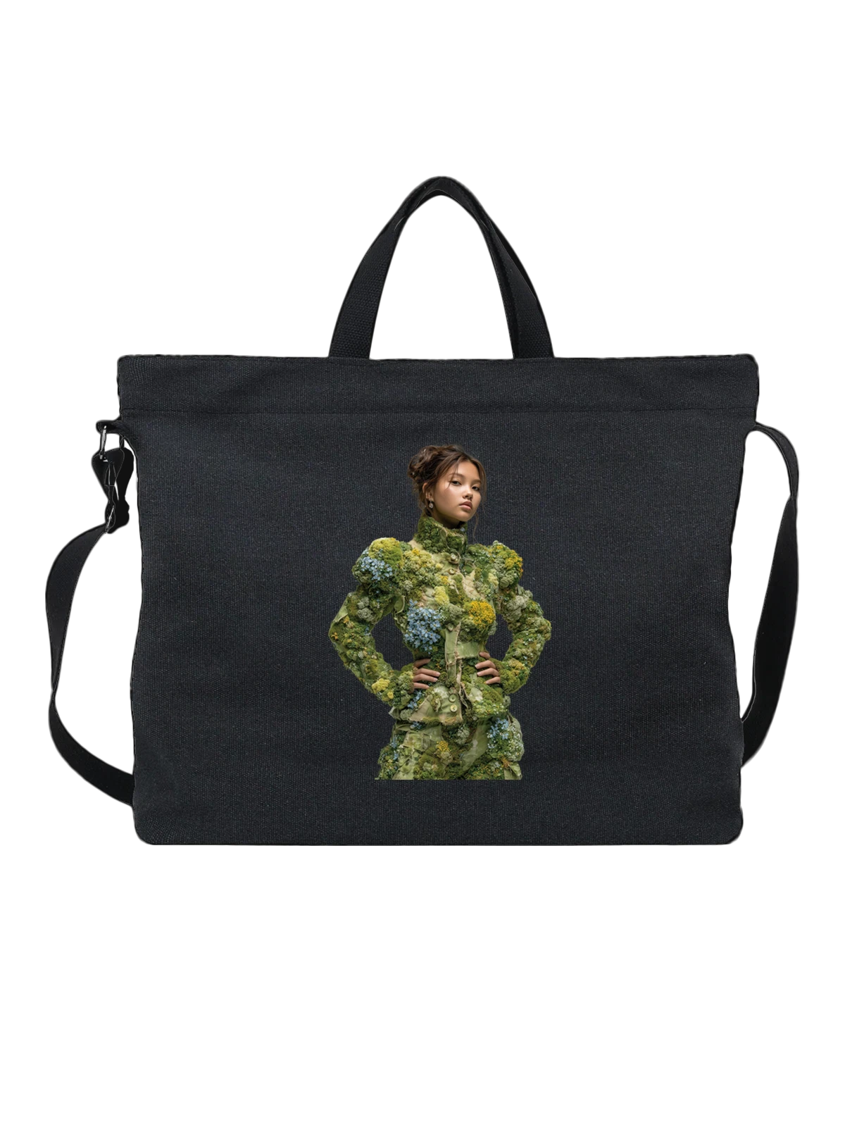 Сумка чёрная с принтом Портрет девушки в платье из мха и цветов — botanical fashion — Чёрная, фото 1