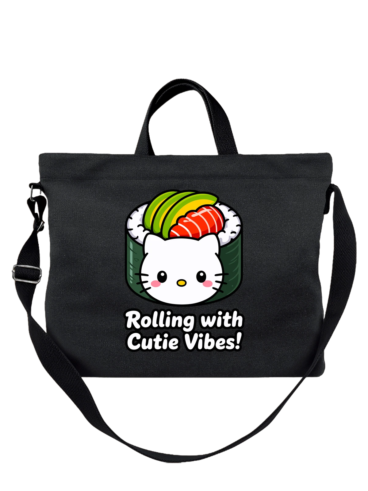 Сумка чёрная с принтом Hello Kitty в суши ролле с лососем — кошачий персонаж — Чёрная, фото 1
