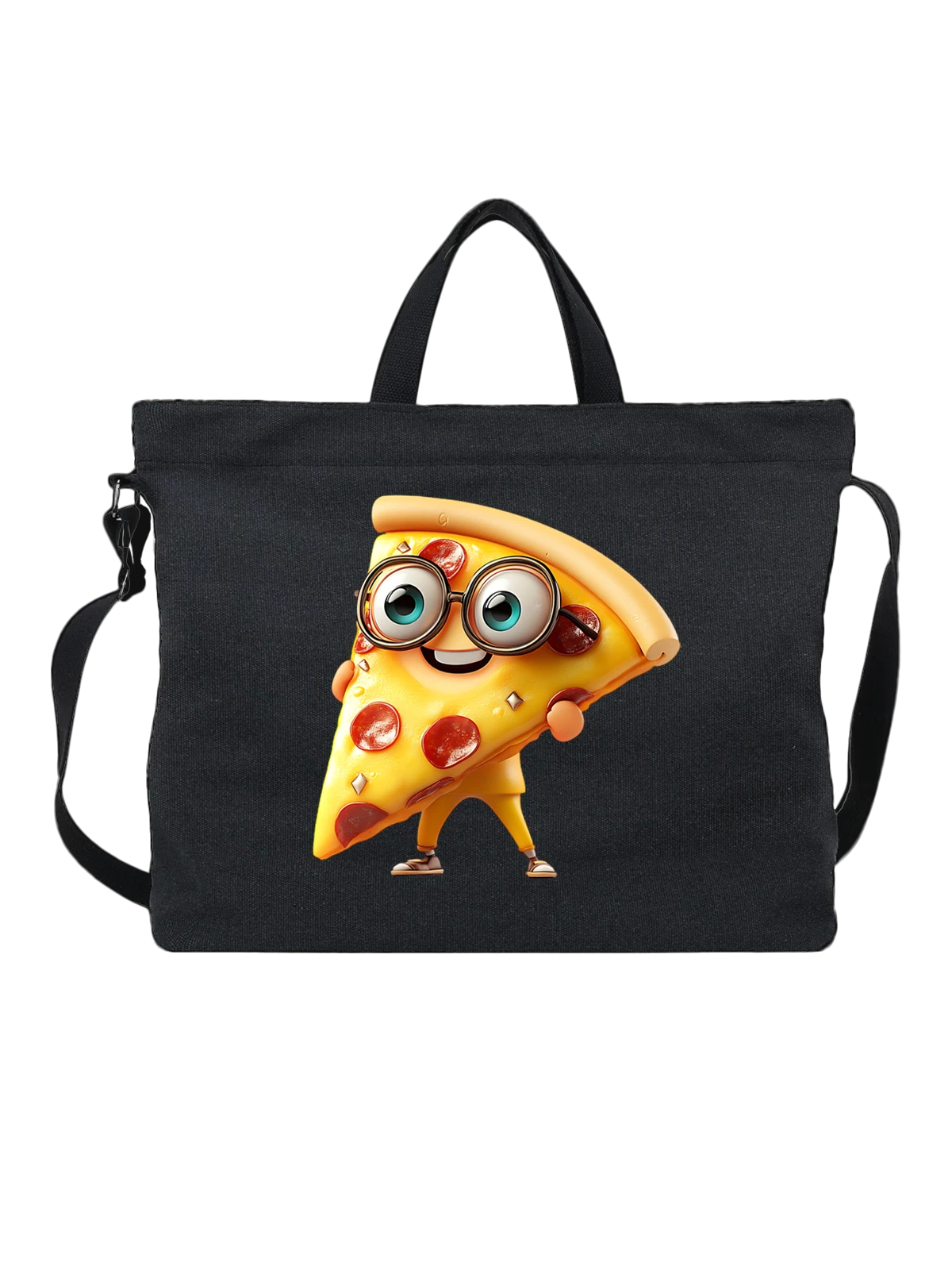 Сумка чёрная с принтом Кусок пиццы-маскот в очках и кроссовках — pizza slice — Чёрная, фото 1