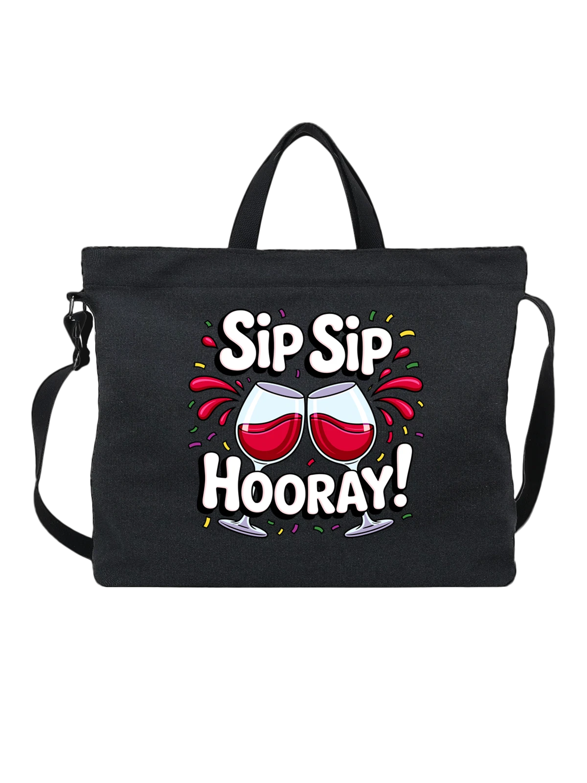 Сумка чёрная с принтом Sip Hooray с бокалами вина — вечеринка — Чёрная, фото 1