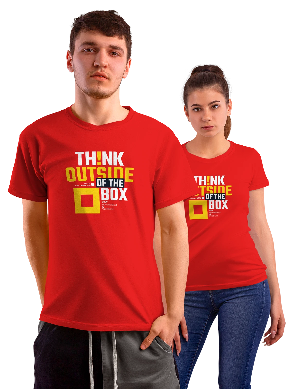 Футболка Think Outside the Box с надписью на черном фоне красная с принтом — современная графика — Красная, фото 1