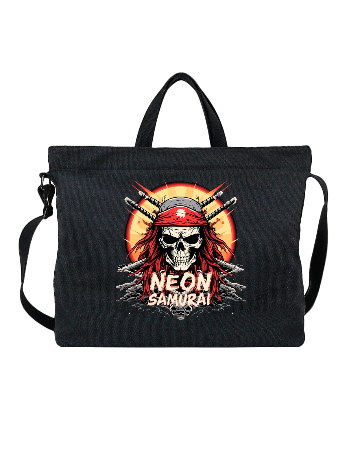 Сумка с черепом neon samurai чёрная с принтом — подарок любителю фэнтези — Чёрная, фото 1
