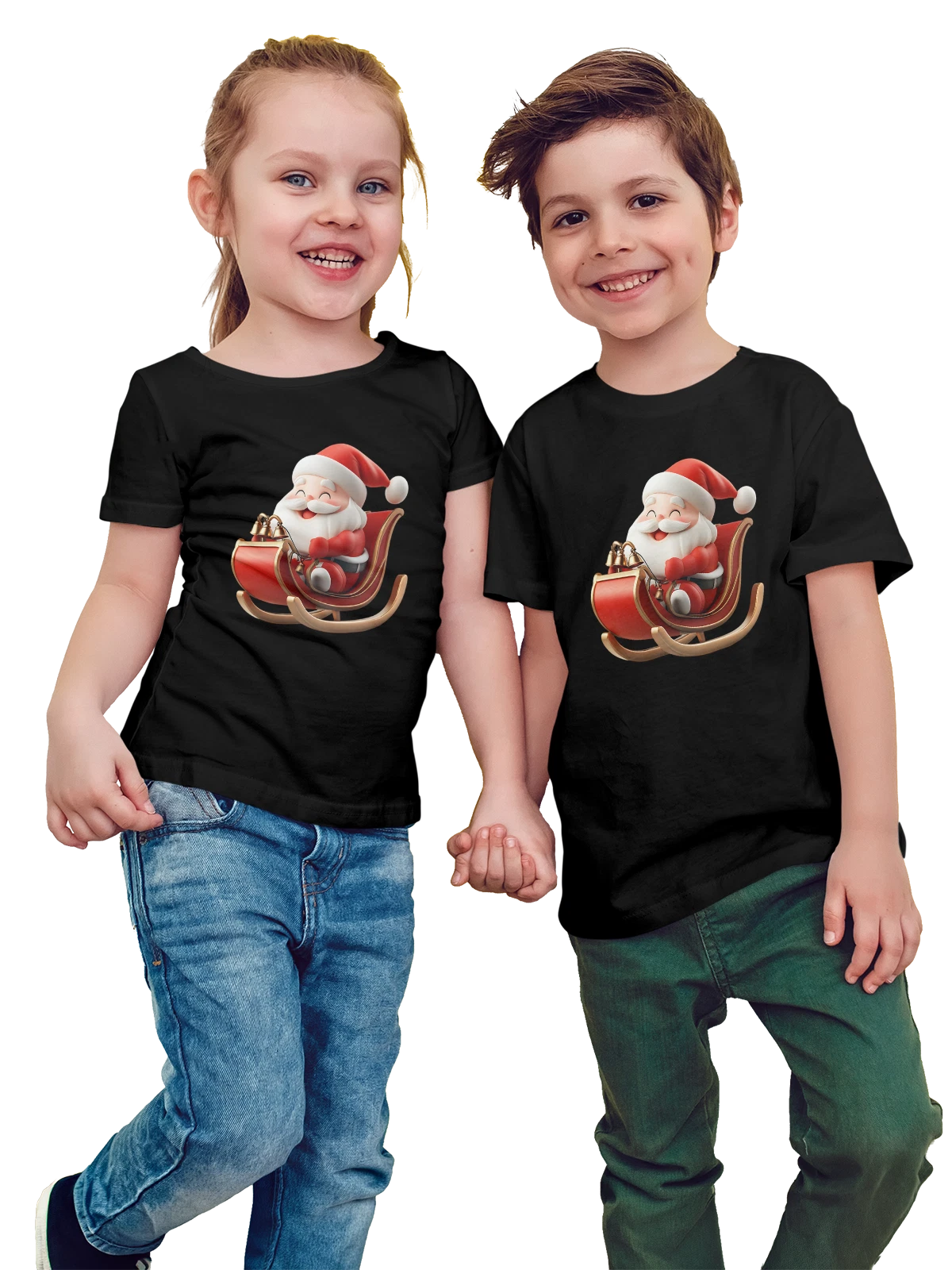 Футболка детская Санта Клаус в красных санях с колокольчиками чёрная с принтом — зимний праздник — Чёрная, фото 1