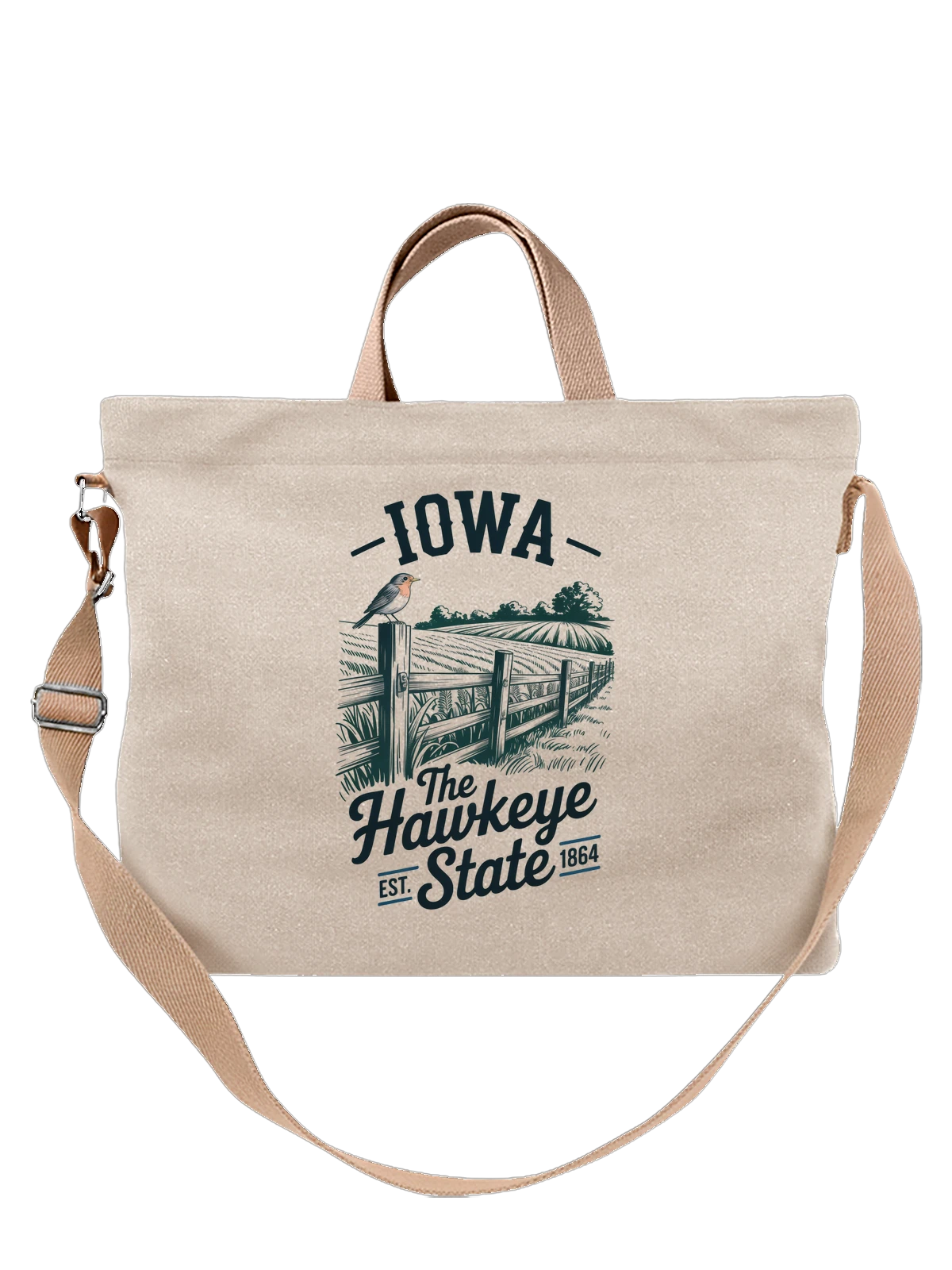 Сумка бежевая с принтом с птицей и надписью The Hawkeye State — надпись — Бежевая, фото 1