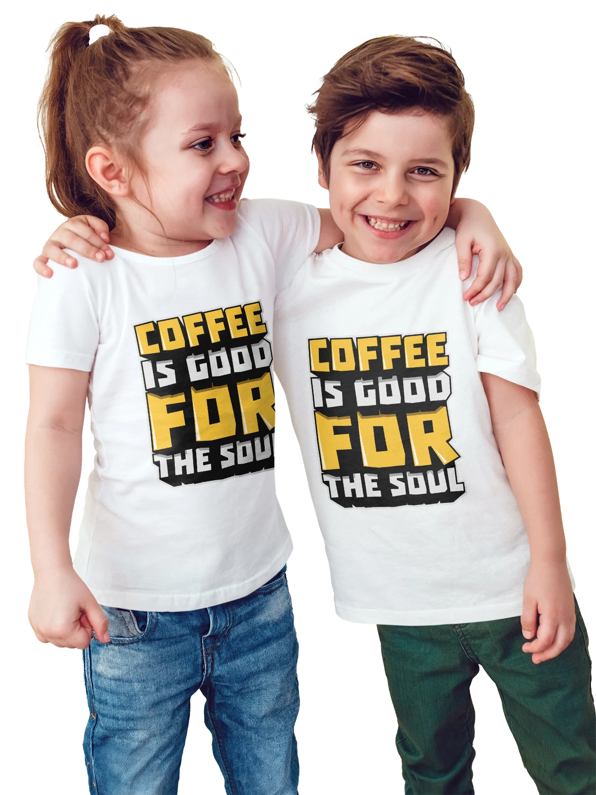 Футболка детская Coffee Is Good For The Soul на белом фоне белая с принтом — ретро типографика — Белая, фото 1