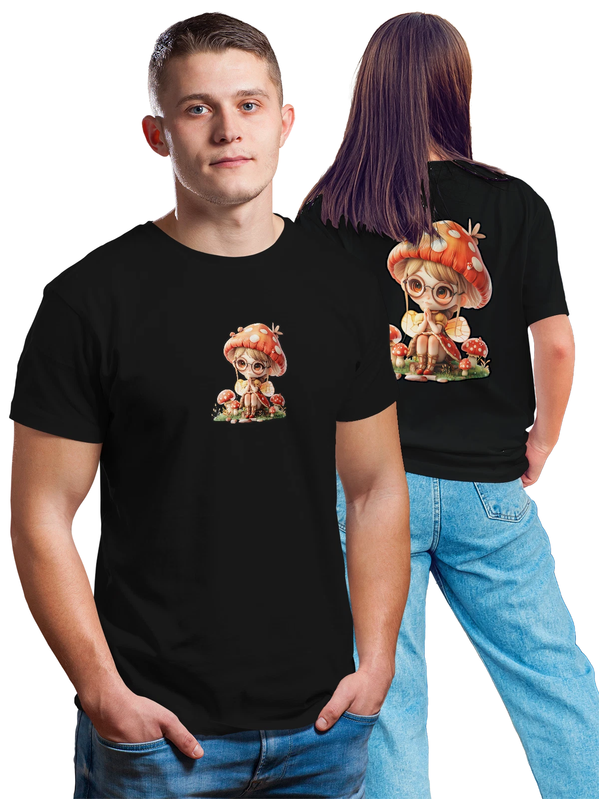Футболка Девочка фея в шляпе мухоморе чёрная с принтом на спине — mushroom fairy — Чёрная, фото 1