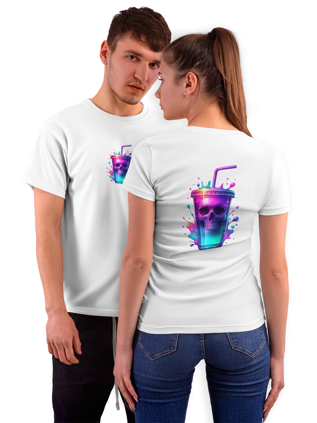 Футболка Череп в стакане с ярким неоновым напитком белая с принтом на спине — цифровая иллюстрация — Белая, фото 1