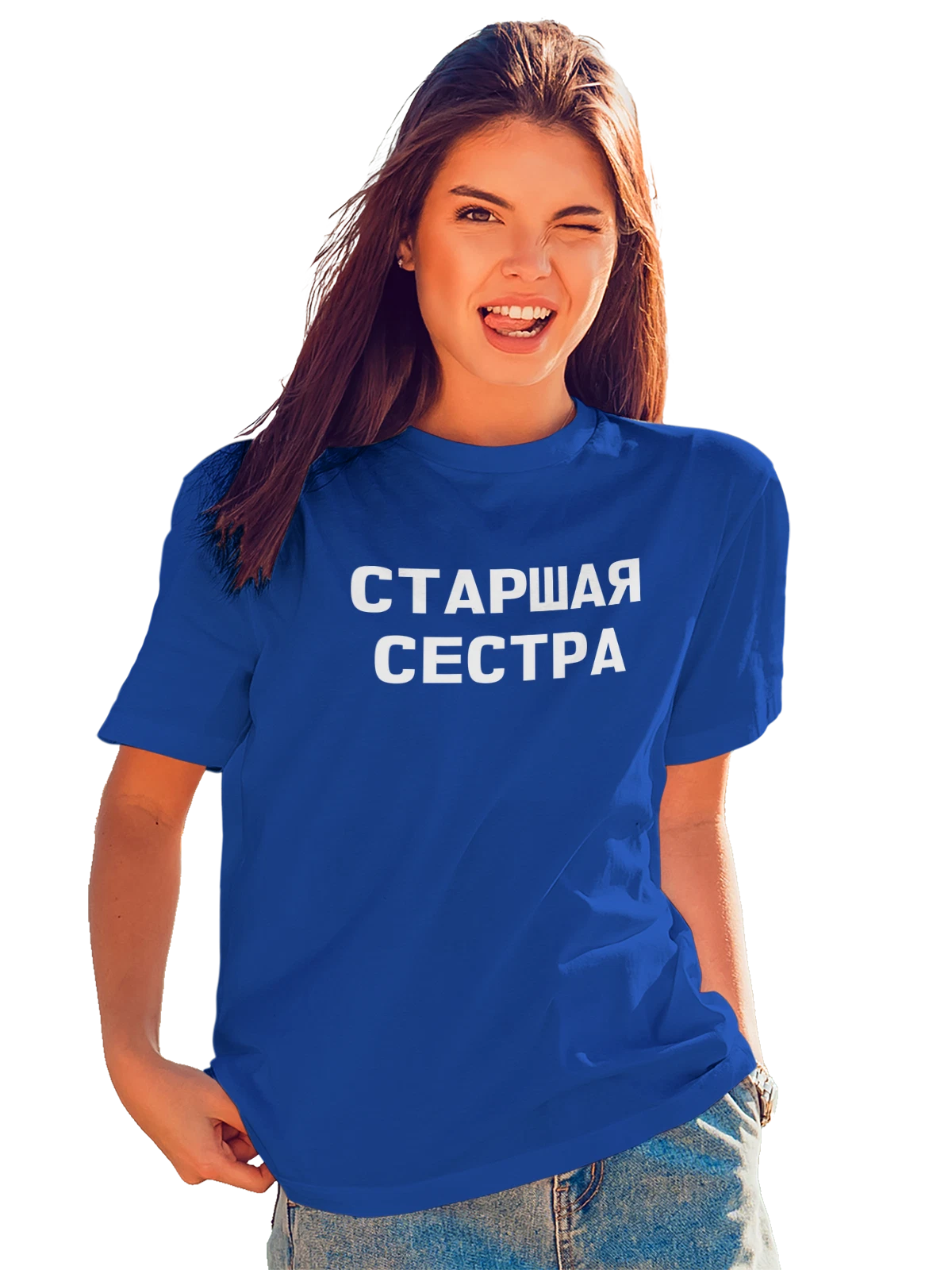 Футболка Надпись старшая сестра синяя с принтом — для мужа — Синяя, фото 1