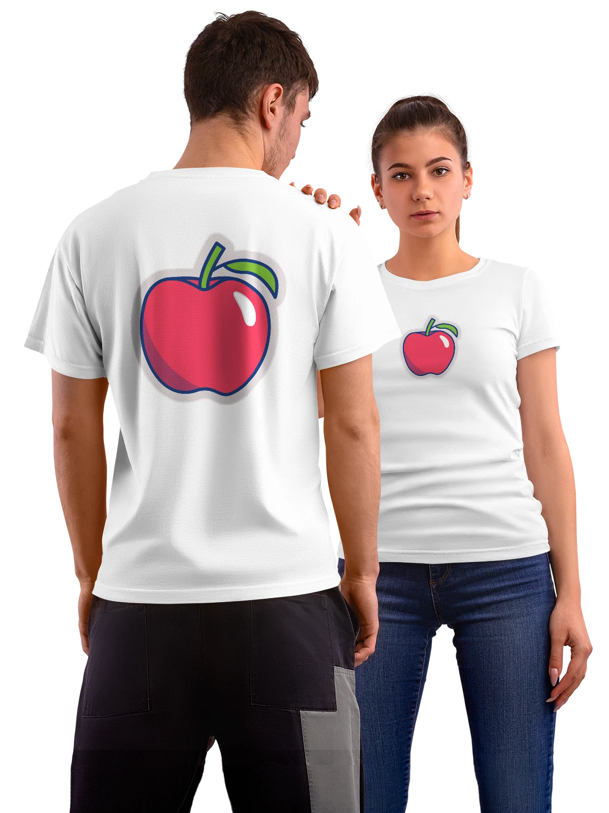 Футболка с красным яблоком и зелёным листом белая с принтом на спине — red apple — Белая, фото 1