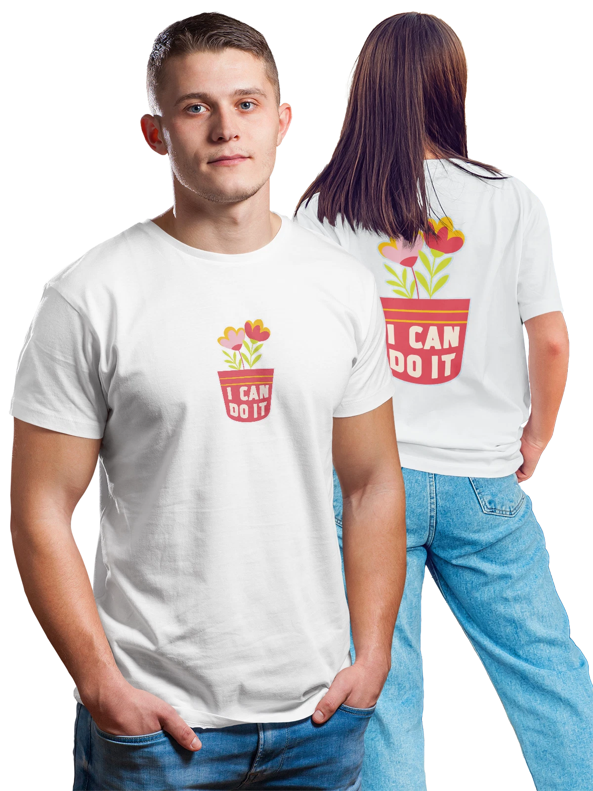 Футболка с цветочным горшком и надписью I CAN DO IT белая с принтом на спине — постерный стиль — Белая, фото 1