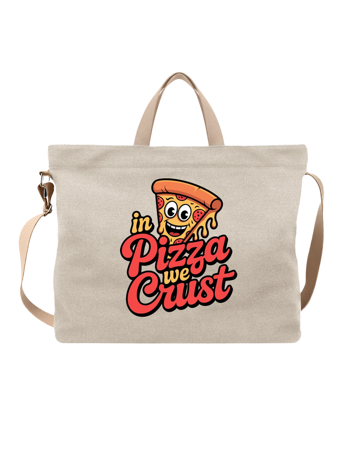 Сумка бежевая с принтом Кусок пиццы с надписью in Pizza we Crust — фастфуд — Бежевая, фото 1