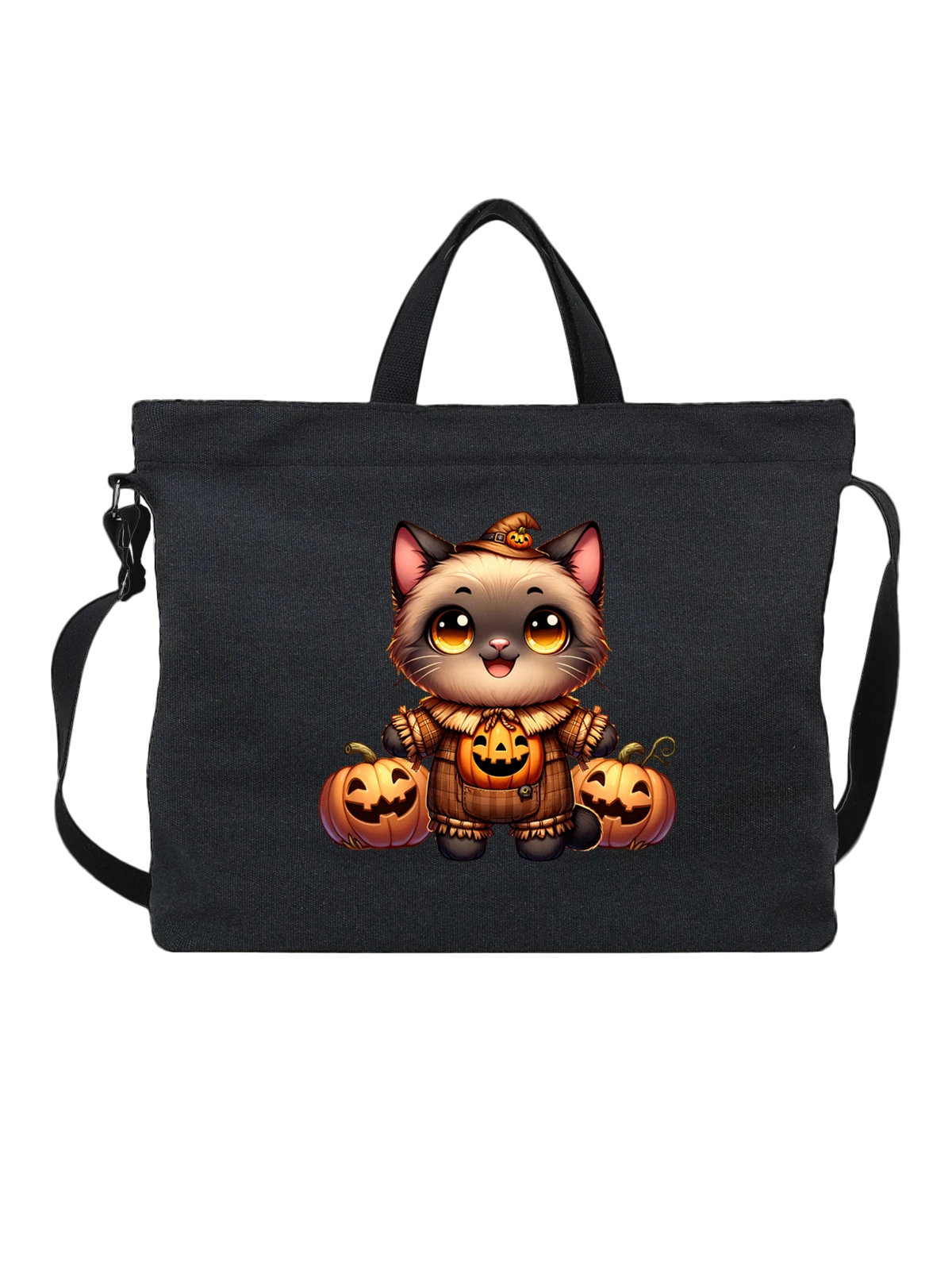 Сумка чёрная с принтом котенок в шляпе с тыквами Хэллоуин — cute cartoon cat — Чёрная, фото 1