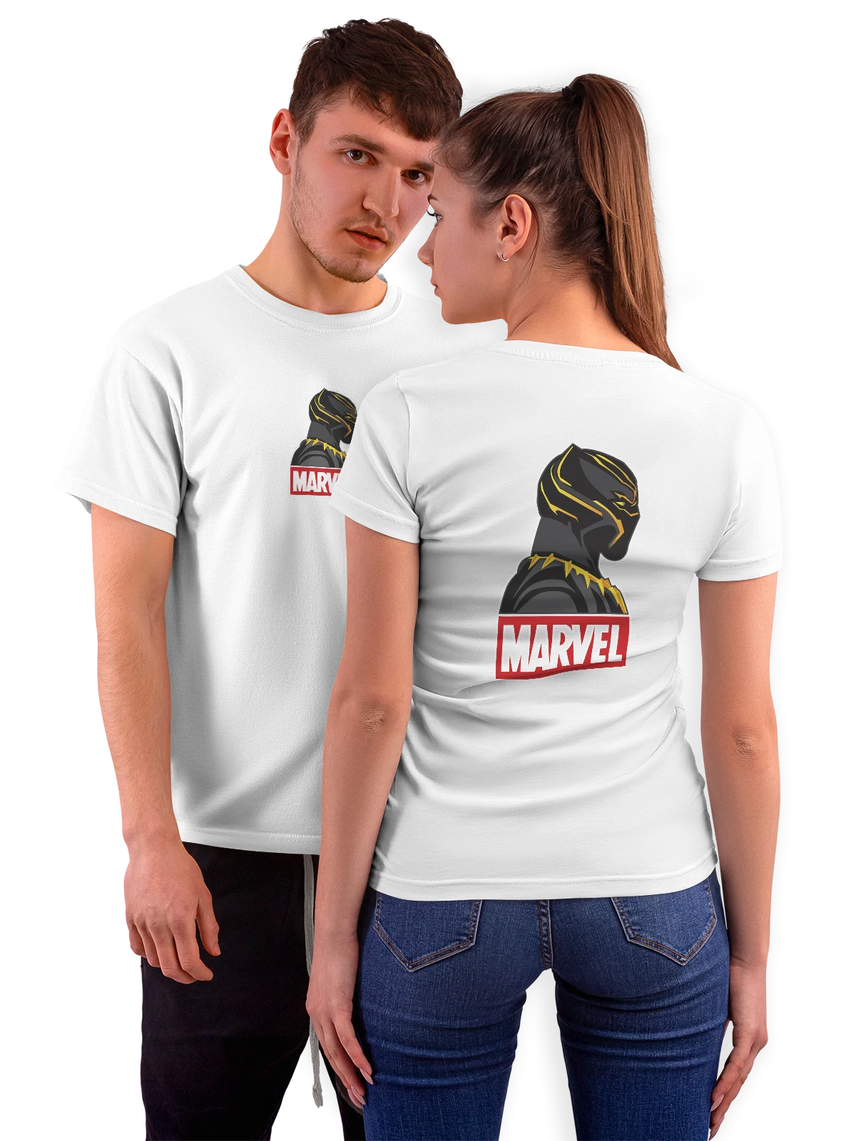 Футболка Черная Пантера Marvel в маске белая с принтом на спине — черно-золотой костюм — Белая, фото 1