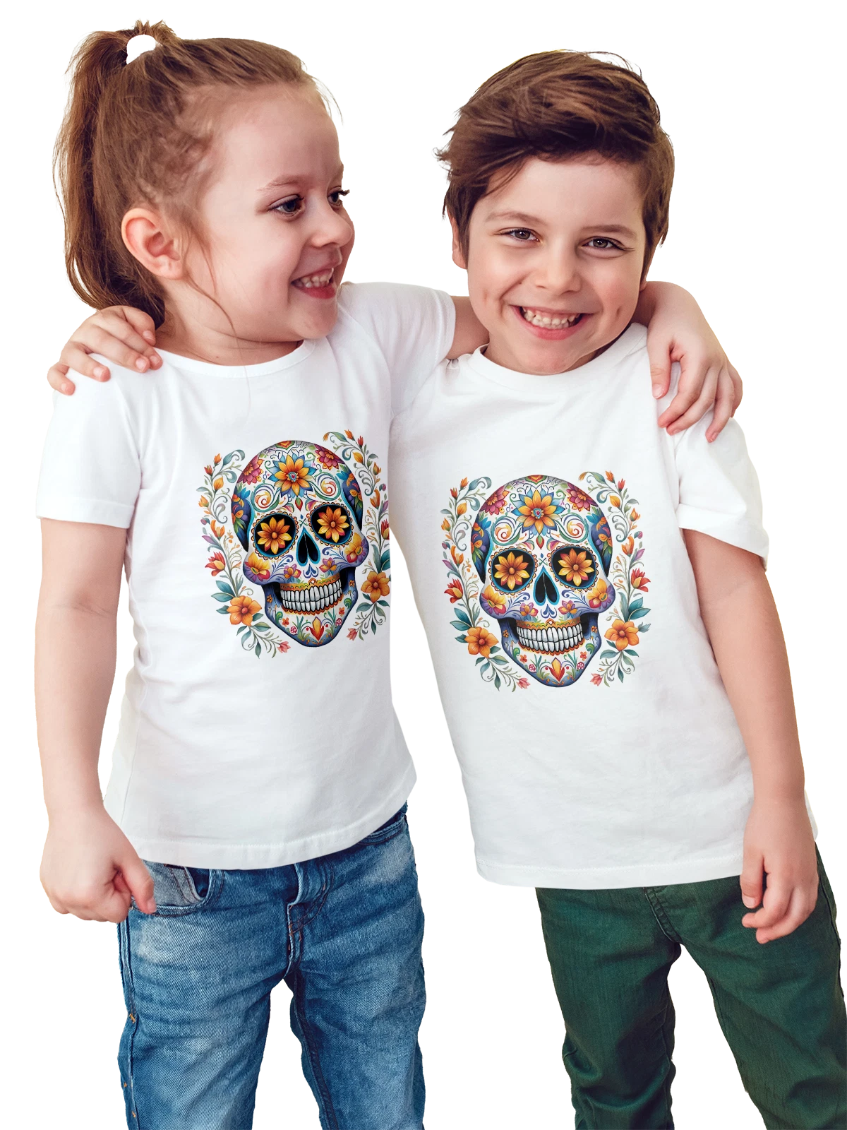 Футболка детская Sugar skull в мексиканском стиле белая с принтом — мексиканский стиль — Белая, фото 1
