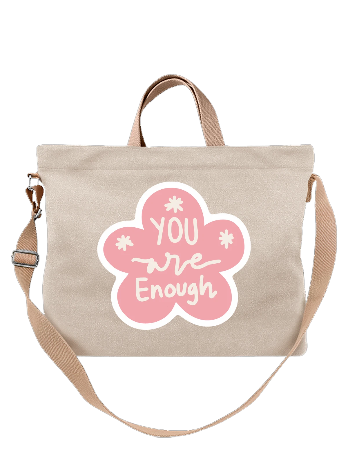 Сумка бежевая с принтом с надписью You are Enough цветок — цветочная форма — Бежевая, фото 1