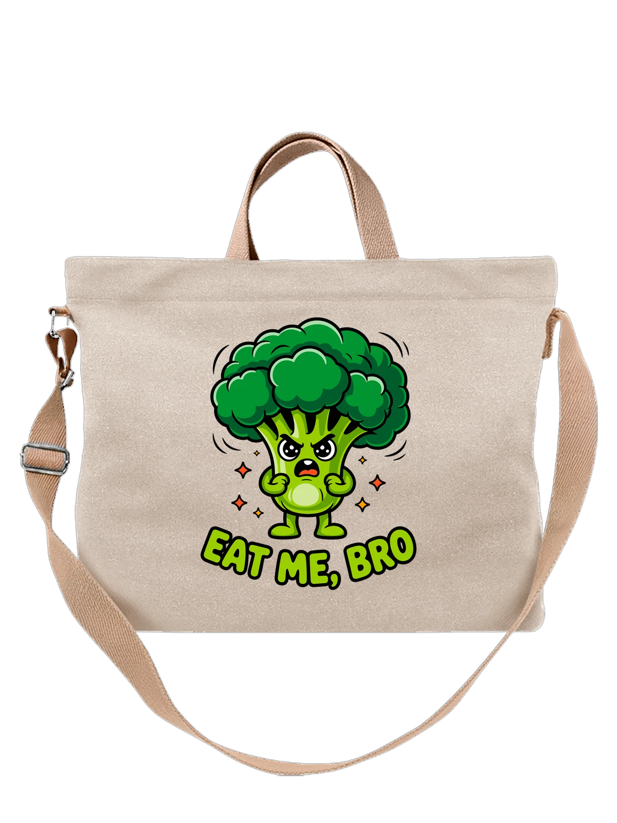Сумка бежевая с принтом Брокколи с сердитым лицом и надписью EAT ME BRO — надпись Eat Me Bro — Бежевая, фото 1