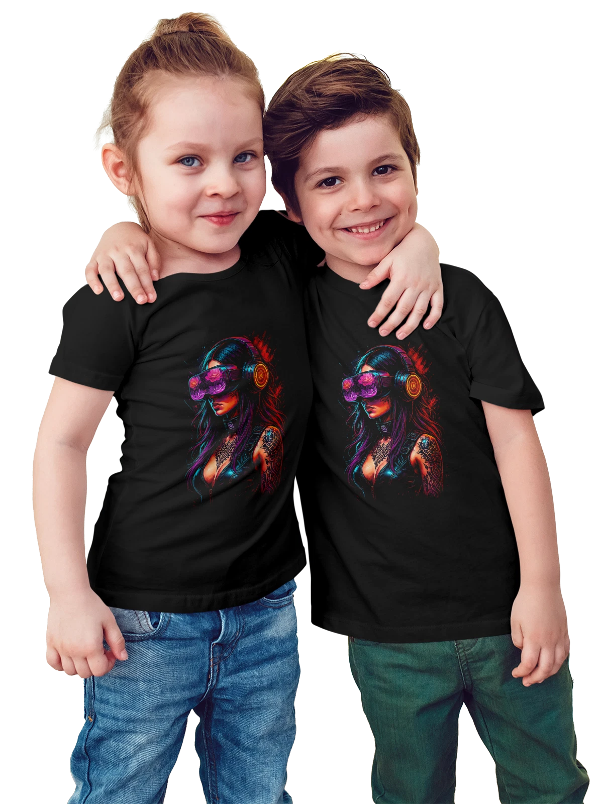 Футболка детская Киберпанк девушка в неоновых VR очках чёрная с принтом — цифровой арт — Чёрная, фото 1