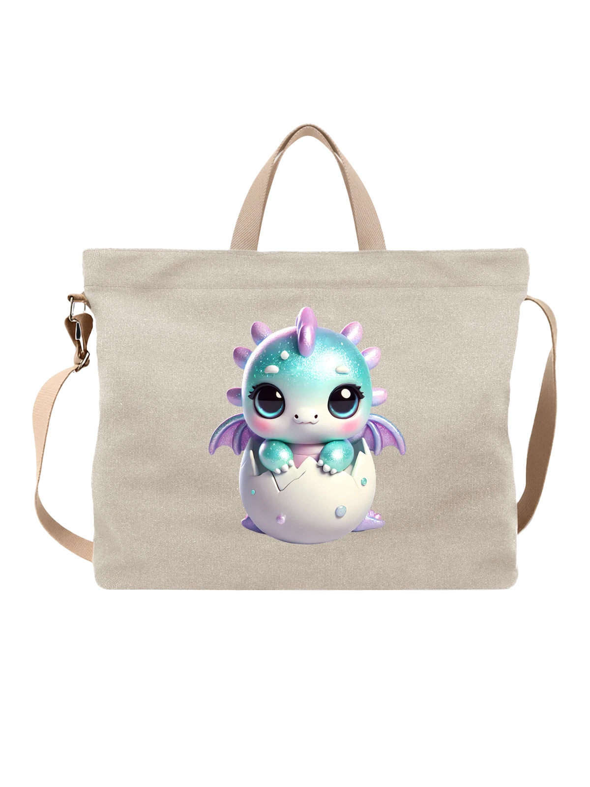 Сумка бежевая с принтом Милый baby dragon в яйце с крыльями — мультяшный hatchling — Бежевая, фото 1