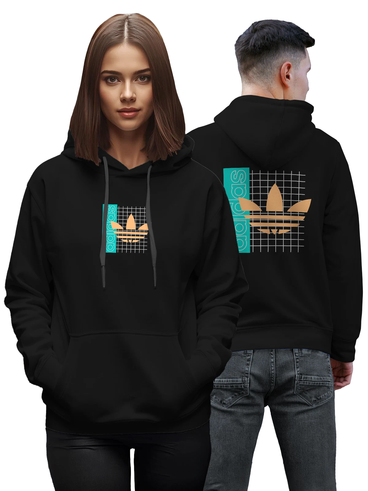 Худи Adidas с крупным логотипом трилистник чёрное с принтом — серый фон — Чёрная, фото 1