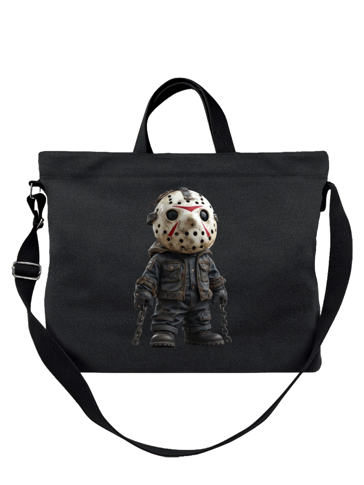 Сумка чёрная с принтом Jason Voorhees в джинсовой куртке и маске — цепи — Чёрная, фото 1