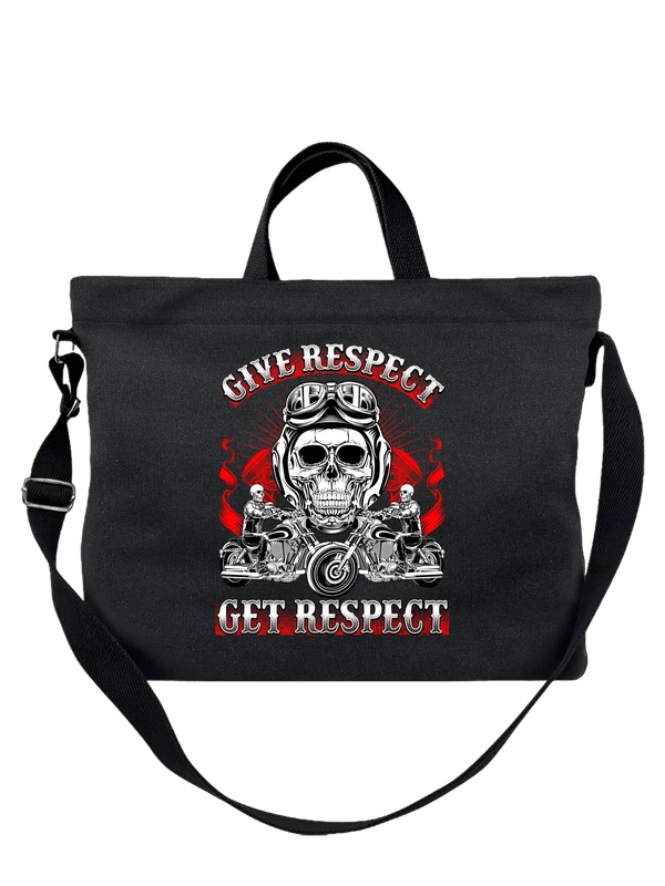 Сумка чёрная с принтом Череп в шлеме на мотоцикле Get Respect — Чёрная, фото 1