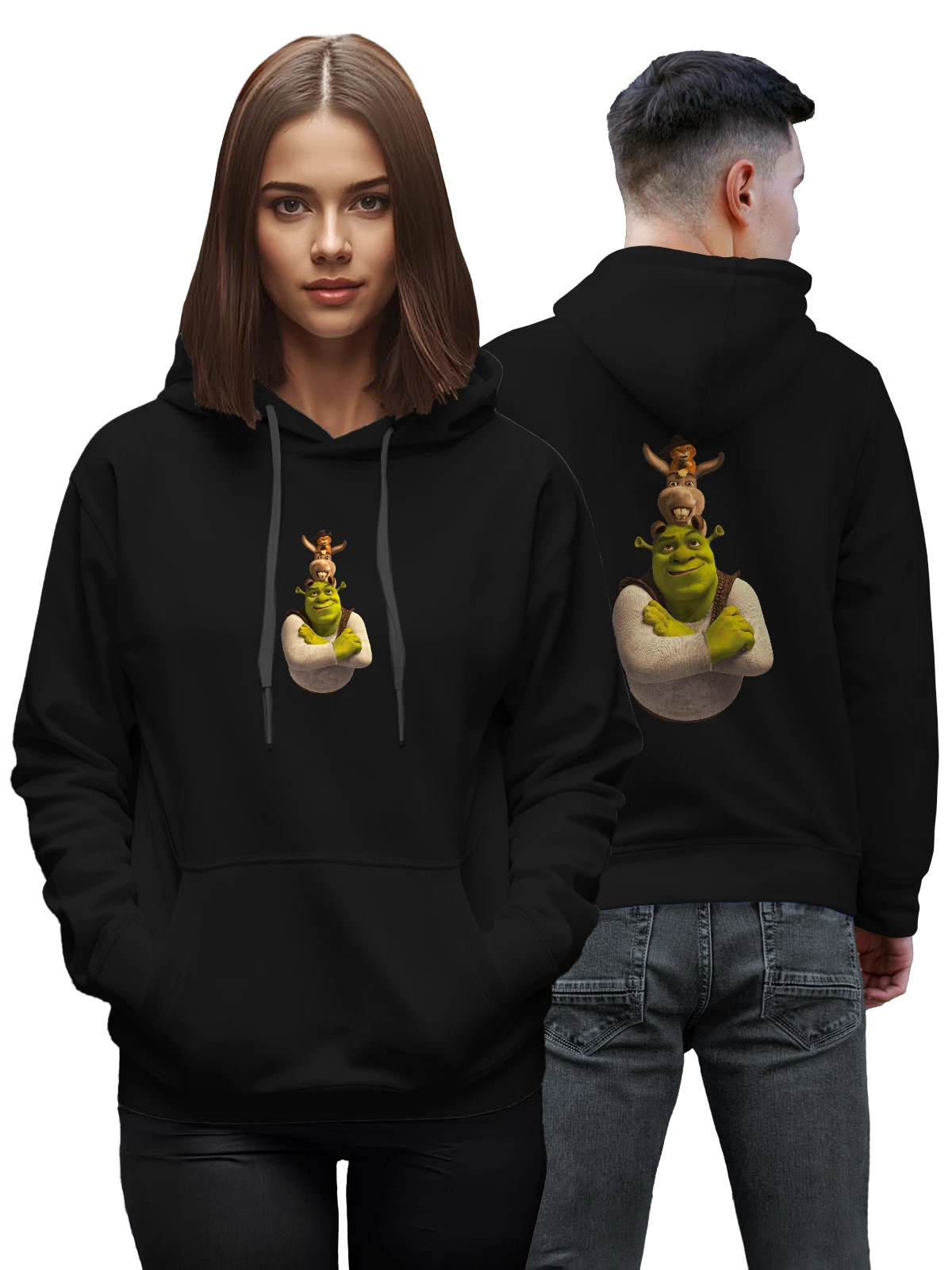Худи Шрек Shrek с Ослом и Котом чёрное с принтом — домашний питомец — Чёрная, фото 1