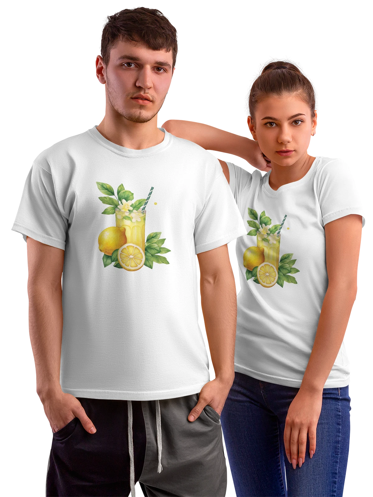 Футболка с лимонадом из лимонов и цветами белая с принтом — цитрусовый напиток — Белая, фото 1