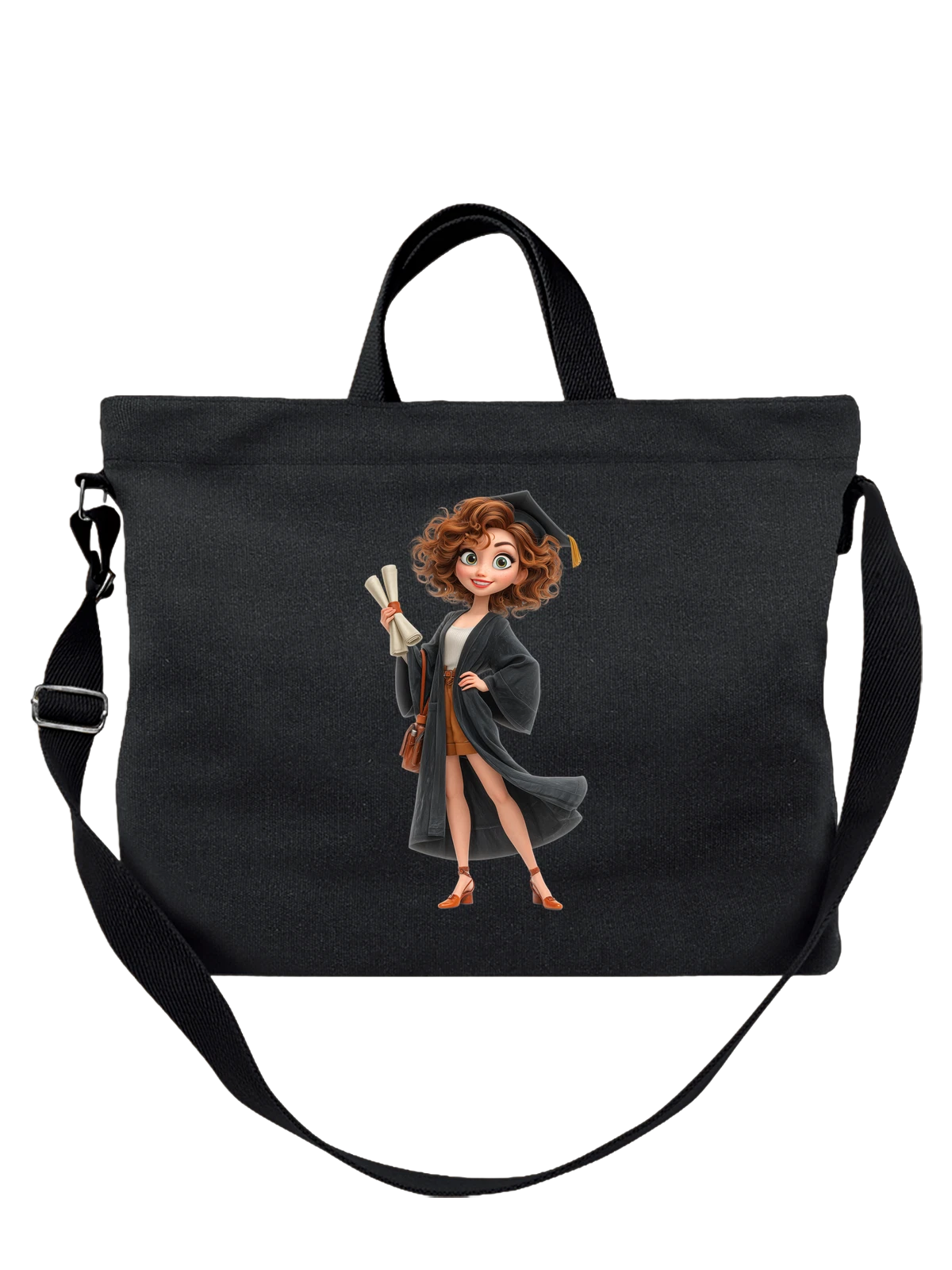 Сумка чёрная с принтом Выпускница с дипломом в мантии и шапочке — школьный выпуск — Чёрная, фото 1