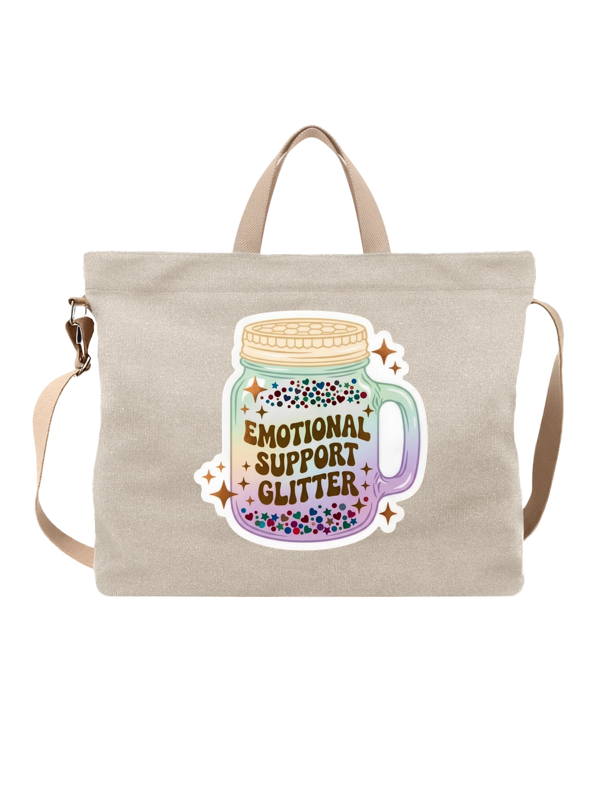 Сумка бежевая с принтом Кружка Emotional Support Glitter — звезды — Бежевая, фото 1